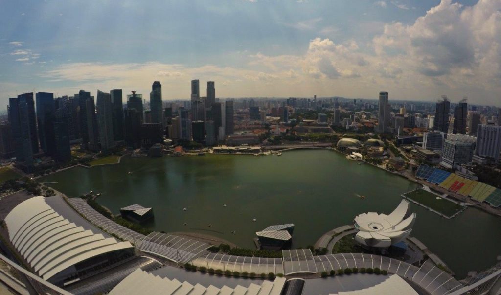 From the rooftop of Marina Bay Sands Hotel in Singapore it is possible to see a good portion of the city, including the full bay, Gardens by the Bay and the Formula One's racetrack