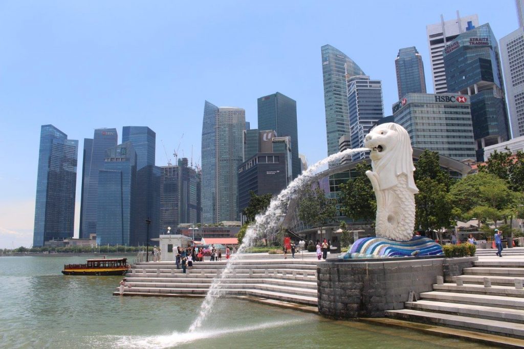 The Merlion in Singapore, the famous half-lion, half-fish fountain