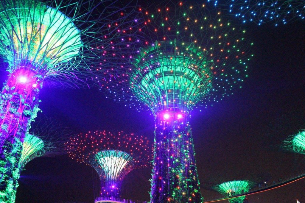 Supertrees at Gardens by the Bay in Singapore lit at night, during the show Garden Rhapsody