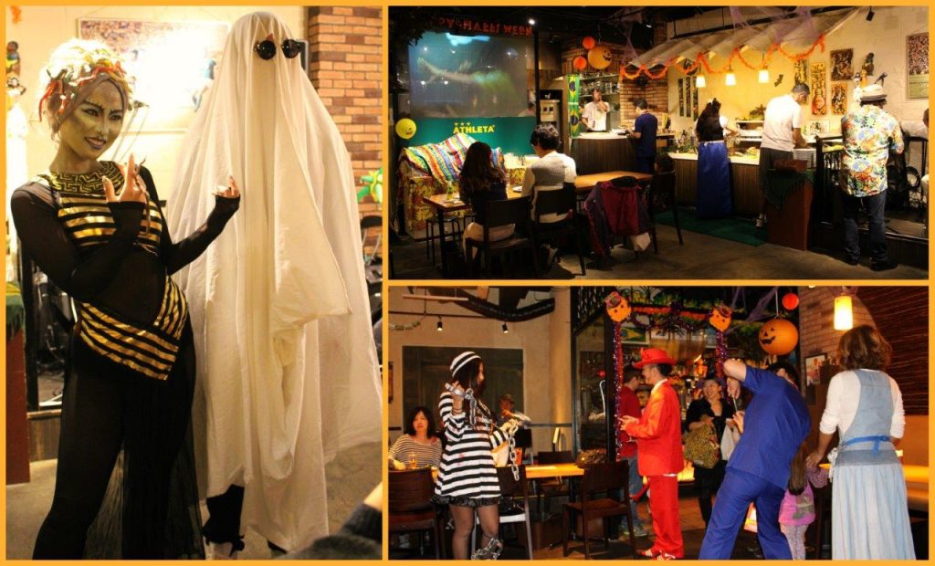 People dressed for Halloween at Que Bom Brazilian Churrascaria and Restaurant in Asakusa, Tokyo