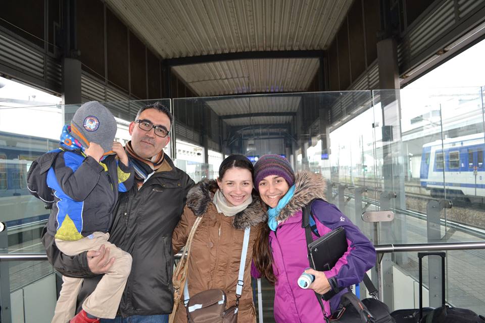 Our friend Rinata seeing us off at the train station in Vienna (Noah, of course, trying to hide from the cameras...)