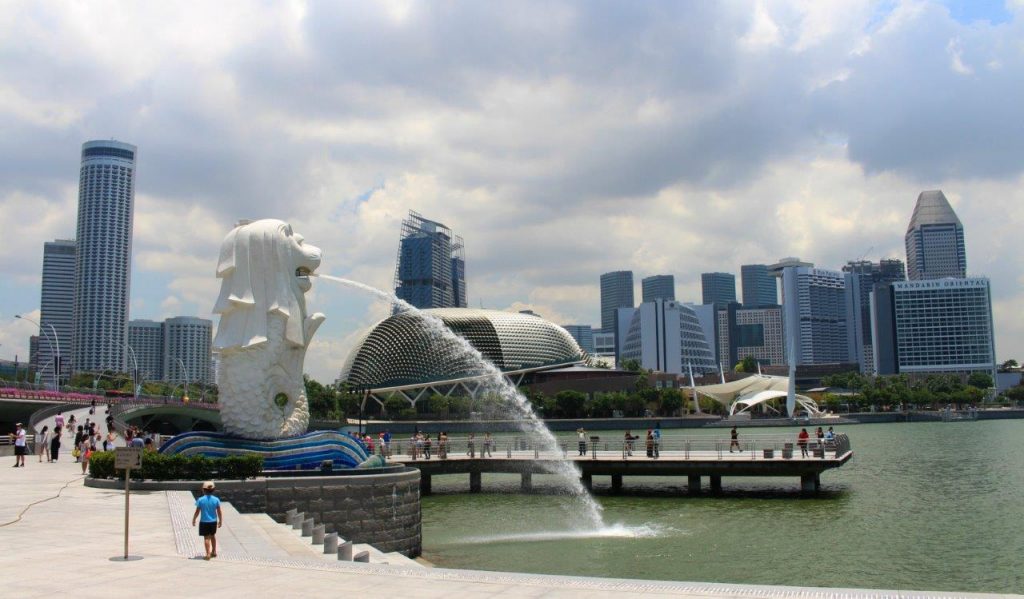 The Merlion in Singapore, the famous half-lion, half-fish fountain